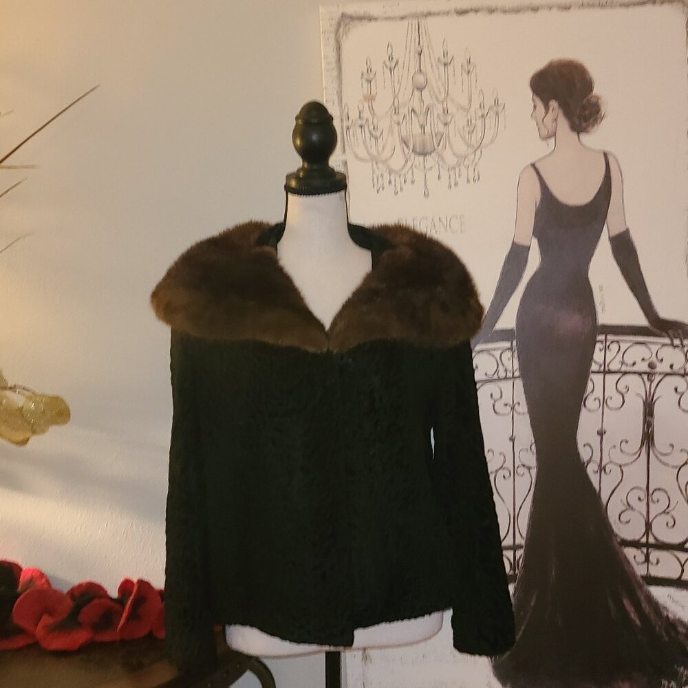 VTG Black Persian Lambswool Jacket Wide Mink Collar Stanley Furs M/L
